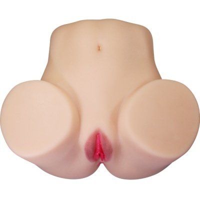 Produto em silicone que representa parte inferior do corpo feminino com genitália visível