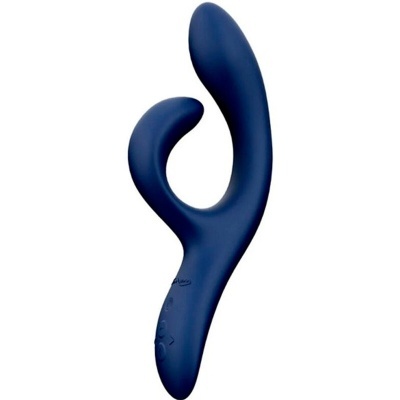 Vibrador azul escuro com design ergonómico e duas extremidades curvas