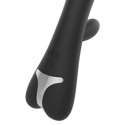 Dispositivo preto com detalhes cinza prateado, botão e símbolos CE e de lixo reciclável