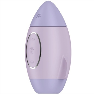 Dispositivo portátil oval lilás claro com botão e ícones, em fundo branco