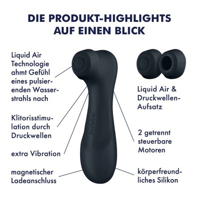Dispositivo preto ergonómico de silicone para estimulação com acessório e texto em alemão