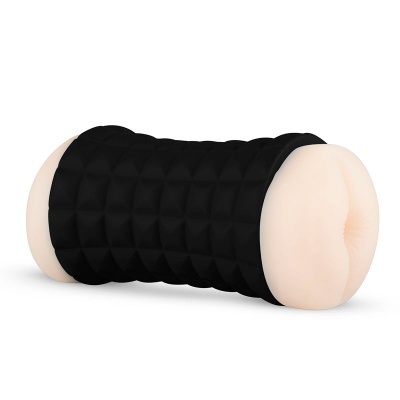 Brinquedo erótico masculino com capa preta texturizada e extremidades cor de pele