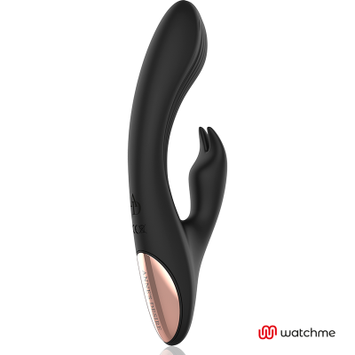 Vibrador preto com estimulador em forma de coelho e detalhes rosa dourado