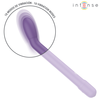 Vibrador roxo curvado com 10 modos de vibração indicado em texto circular