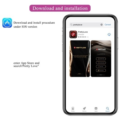 Smartphone com app PrettyLove na App Store e instruções de download