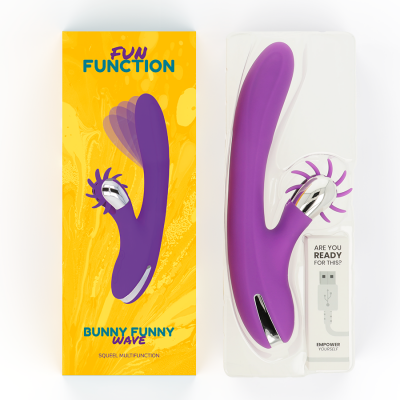 Vibrador roxo anatómico com parte rotativa e embalagem amarela FUN FUNCTION