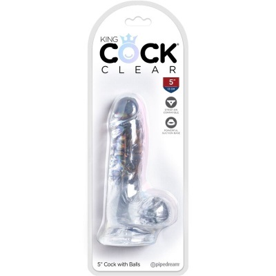 Produto transparente em forma de pénis com embalagem branca e texto KING COCK CLEAR
