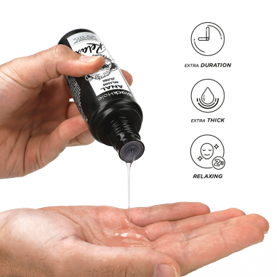 Frasco preto despejando líquido na mão com ícones e texto explicativo ao lado