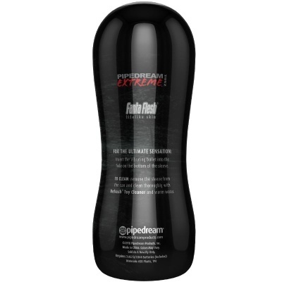 Frasco preto PIPEDREAM EXTREME Fanta Flesh com texto e instruções