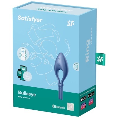 Embalagem do vibrador Satisfyer Bullseye Ring Vibrator com imagem azul do produto e informações de conectividade e modos.