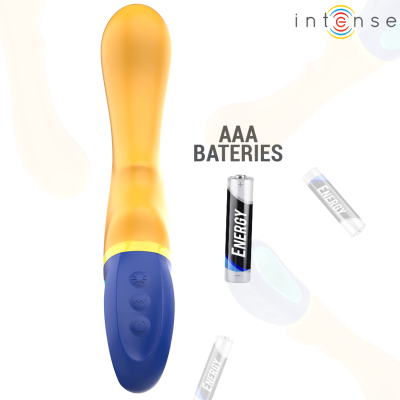 Vibrador âmbar e azul com baterias AAA energy e texto AAA BATERIES