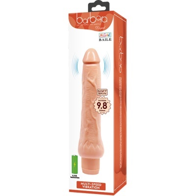 Vibrador realista em embalagem branca e laranja da marca Baile