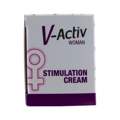 Embalagem de creme de estimulação feminino V-Activ Woman roxo e branco