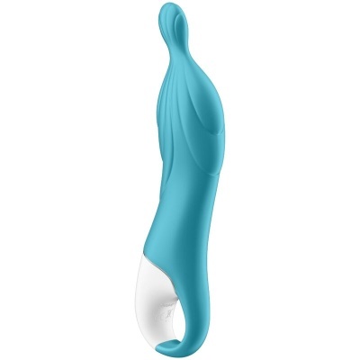 vibrador azul turquesa e branco com textura espiral e base ergonómica