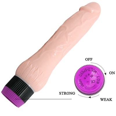 vibrador cor pele com base preta e roxa e controlo rotativo
