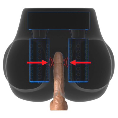 Dispositivo anatómico preto com colunas transparentes e modelo castanho no centro