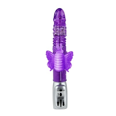 Vibrador roxo com textura, borboleta e controlo prateado