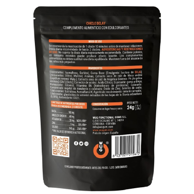 Embalagem preta de produto alimentício CHICLE DELAY com texto informativo em branco e laranja, tabela nutricional e código de barras.