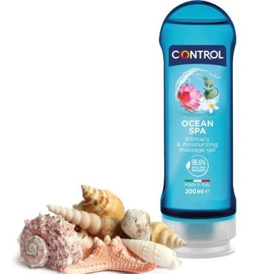 Frasco azul de gel massajador Control Ocean Spa com conchas