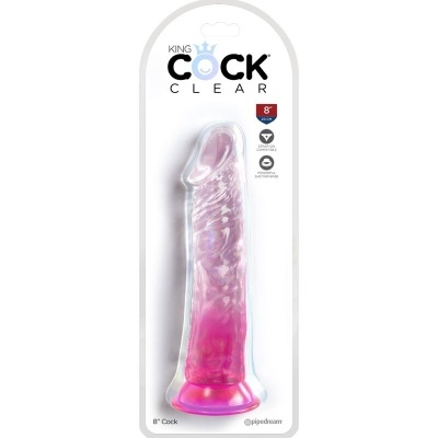 Dildo translúcido rosa e roxo em embalagem transparente com texto KING COCK CLEAR