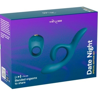Embalagem azul e roxa com acessórios sexuais verdes da We-Vibe Date Night