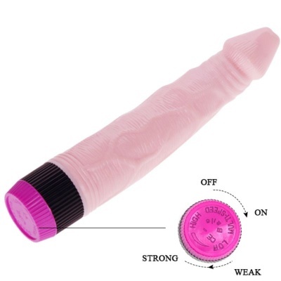 Vibrador rosa anatómico com base ajustável em plástico texturizado e marcações para controle de intensidade