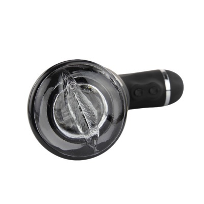 Dispositivo masculino preto e transparente com textura interna visível e botões