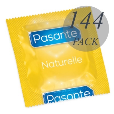 Embalagem amarela de preservativo Pasante Naturelle com texto 144 PACK