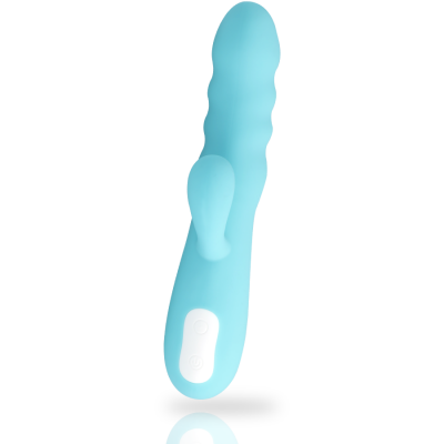 Vibrador azul claro em silicone com textura ondulada e estimulador externo