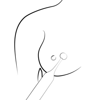 Desenho minimalista em preto e branco de dispositivo médico ou estético em contacto com pele