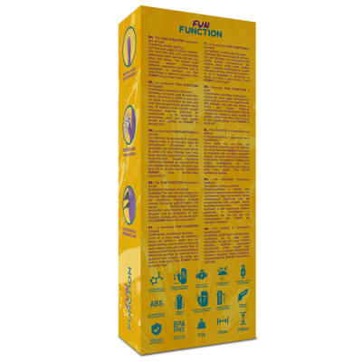 Embalagem amarela do produto Fun Function com texto e ícones sobre características e instruções.