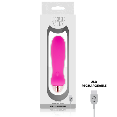 Dispositivo rosa de silicone pequeno em embalagem branca com textos USB RECHARGEABLE