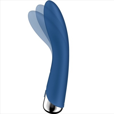 Vibrador azul de silicone com base prateada e cabeça flexível.