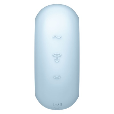 Comando remoto azul claro com símbolos em relevo e texto pequeno