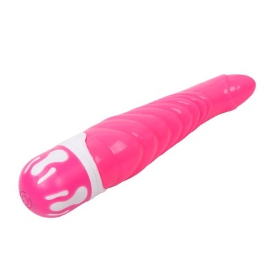 Vibrador rosa com base branca e detalhes, textura em relevo