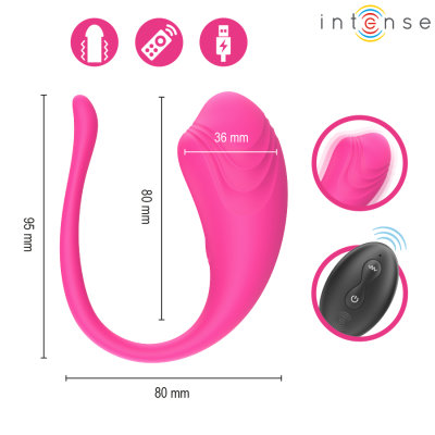 Vibrador cor-de-rosa com comando remoto preto e ícones de funções