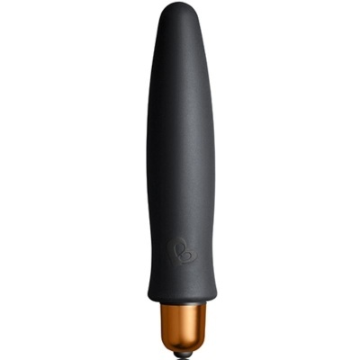 Vibrador preto com base dourada em fundo branco