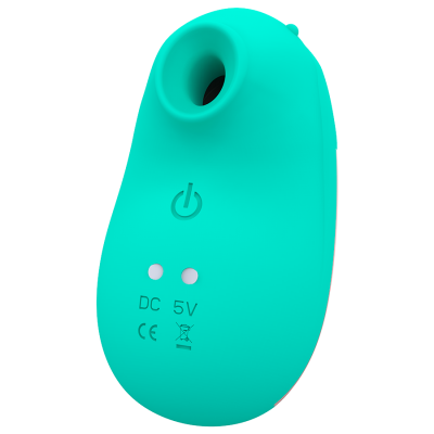 Dispositivo azul-turquesa com botão de energia e luzes indicadoras sobre fundo branco