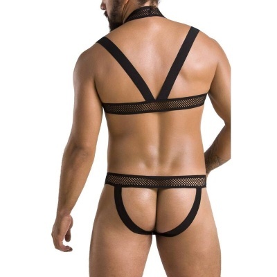 Lingerie masculina preta em malha rede vista de costas