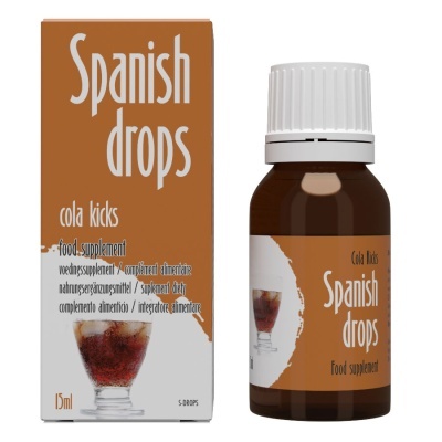 Suplemento alimentar Spanish drops cola kicks com embalagem castanha e branca e frasco castanho