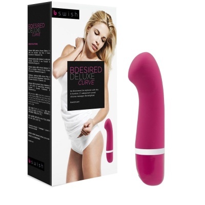 Vibrador BDESIRED DELUXE CURVE rosa com embalagem ao lado