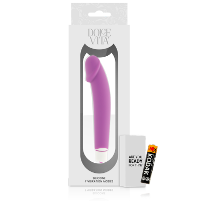 Vibrador roxo de silicone Dolce Vita em caixa branca com bateria Kodak ao lado