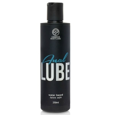 Frasco preto de lubrificante anal à base de água, 250ml, com texto em branco e azul