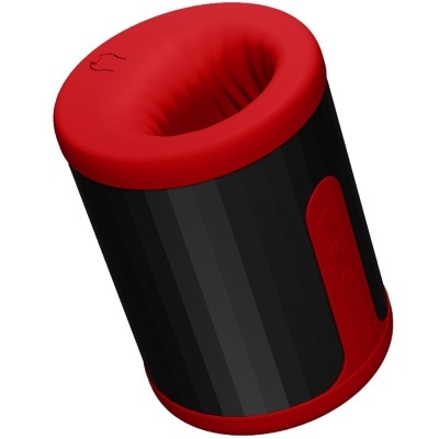 Produto cilíndrico preto com vermelho e textura almofadada no topo