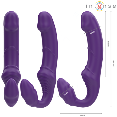 Produto anatómico roxo em silicone com várias dimensões indicadas e o texto intense