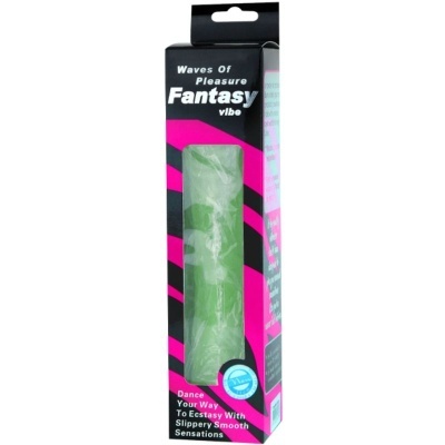 Embalagem preta e rosa com vibrador verde translúcido visível