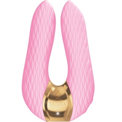 Aparelho vibratório cor-de-rosa texturizado em U com detalhe dourado