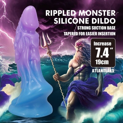 Dildo de silicone azul e roxo com base de sucção e texto de descrição do produto