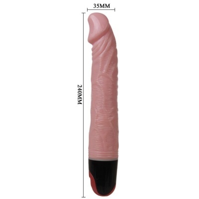 Vibrador cor de pele texturizado com base preta e dimensões visíveis