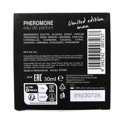 Embalagem preta de perfume PHEROMONE limited edition man 30ml com texto e código de barras.